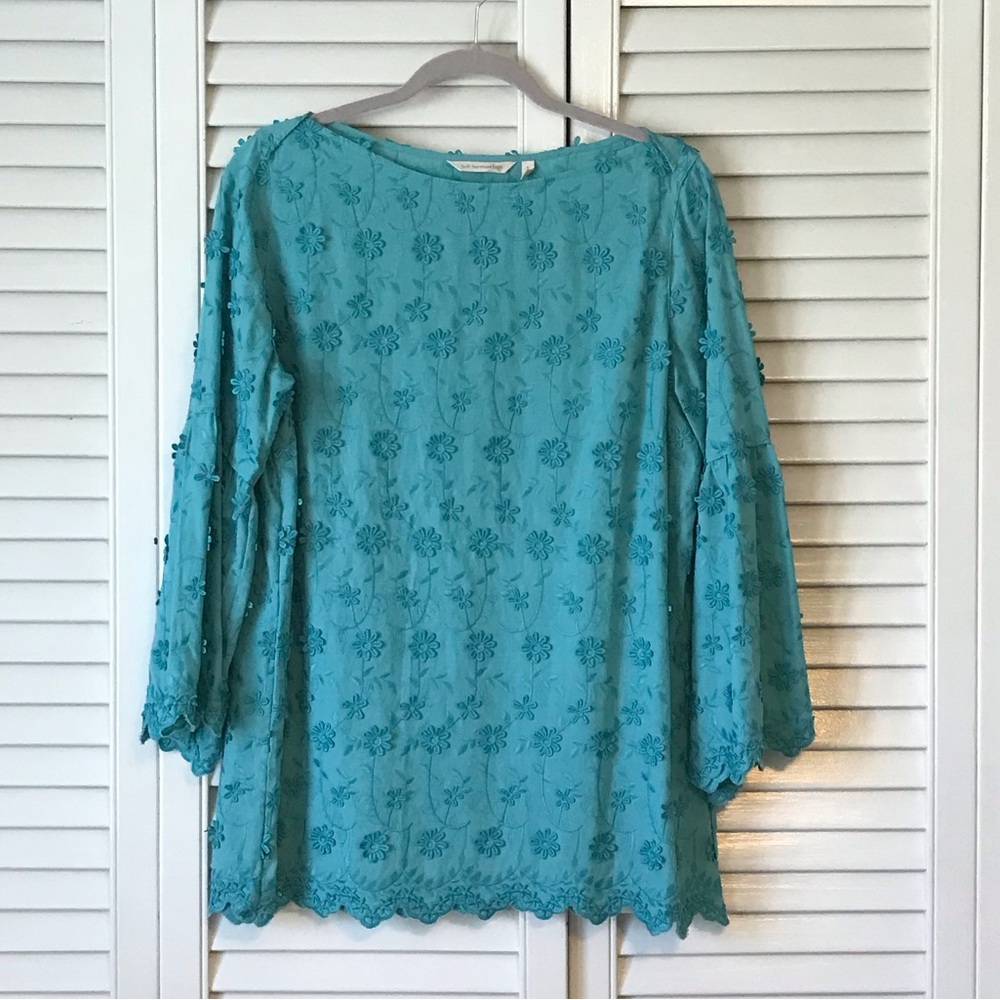 Soft Surroundings Teal Floral Lace Blouse